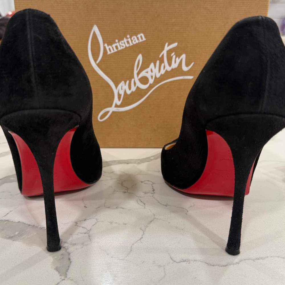 Christian Louboutin Pigalle Follies 100 Black Suede Pointed Toe Pumps 37.5